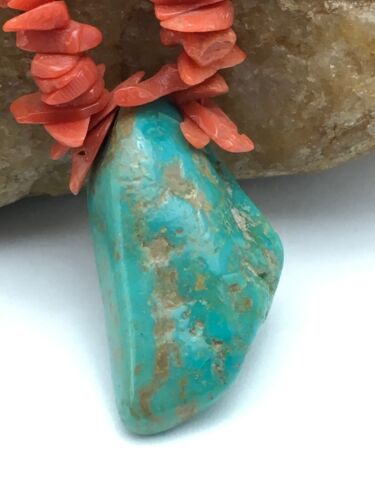 Native American Turquoise Coral Pendant Necklace | Brass Old Pawn | 19" | 4006