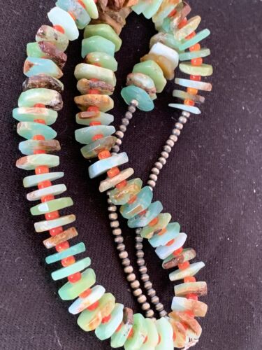 Navajo Green Chrysoprase Spiny Oyster Necklace | Sterling Silver | Authentic Native American Handmade | 24" | 00512