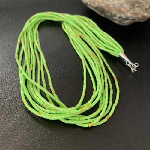 Southwestern Green Gaspeite Heishi Necklace | 10 Strand | Sterling Silver | 20" | 2238
