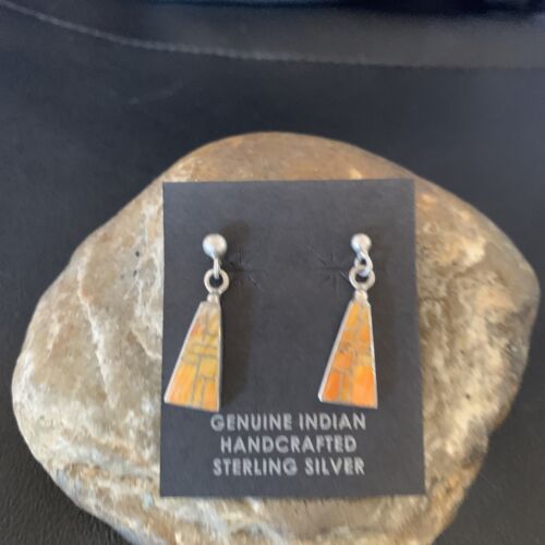 Navajo Orange Spiny Oyster Inlay Earrings | Sterling Silver | Authentic Native American Handmade | 12677
