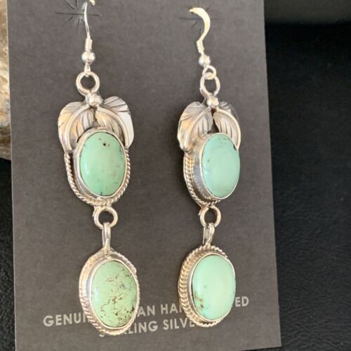 Navajo Green Spiderweb Turquoise Dangle Earrings | Sterling Silver | Authentic Native American Handmade | 13548