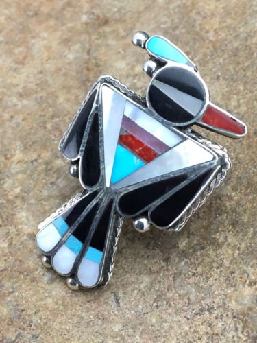 Zuni Coral, Turquoise & Onyx Inlay Bird Ring | Sterling Silver | Sz 3.5 | Authentic Native American Handmade | 2630