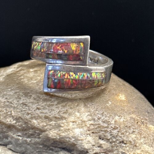 Native American Navajo Red Opal Inlay Ring | Sterling Silver | Sz 14.5 | 14584