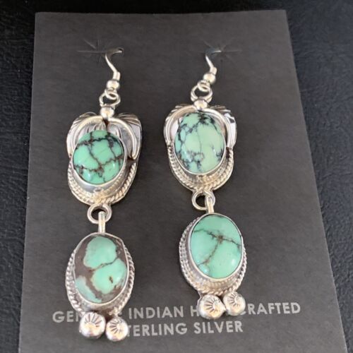 Navajo Green Spiderweb Turquoise Dangle Earrings | Sterling Silver | Authentic Native American Handmade | 13549