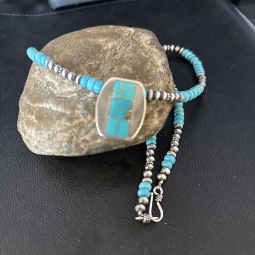 Navajo Blue Turquoise Inlay Pendant Necklace | Sterling Silver | 22" | Authentic Native American Handmade | 14602