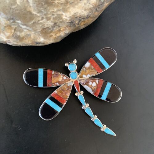 Zuni Wild Horse Turquoise Inlay Dragonfly Pin Pendant | Sterling Silver | 2077