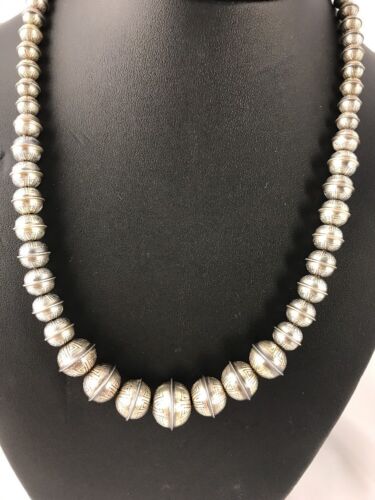 Navajo Pearls Necklace | Hand Stamped Graduated Beads | Sterling Silver | 93321