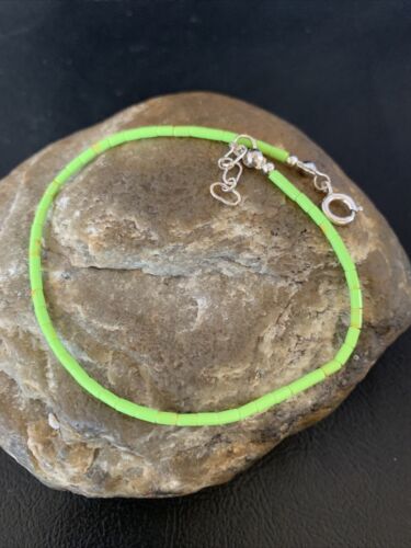 Navajo Green Gaspeite Heishi Tube Beads Bracelet | Sterling Silver | 8" | Authentic Native American Handmade | 13210