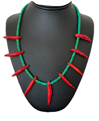 Navajo Turquoise Coral Chili Pepper Necklace | Sterling Silver | Graduated Beads | 20" | 00827