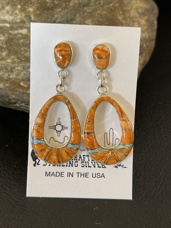 Navajo Sterling Silver Opal Orange Spiny Oyster Inlay Dangle Earrings | Authentic Native American Handmade | 1545