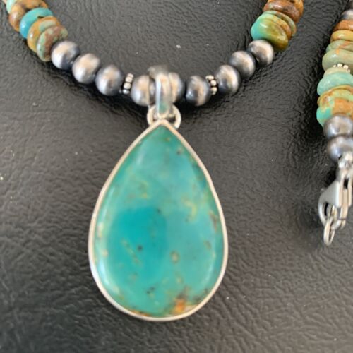 Navajo Royston Bead Green Turquoise Necklace Pendant | Sterling Silver | Authentic Native American Handmade | 11868