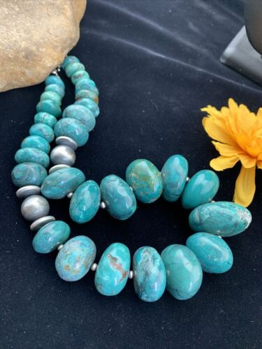 Men's Navajo Pearl Sterling Silver Necklace | Graduated Blue Chunky Turquoise | Authentic Native American | 24" | 01744
