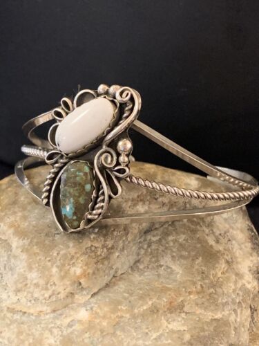Navajo White Buffalo Turquoise Cuff Bracelet | Sterling Silver | Authentic Native American Handmade | 347