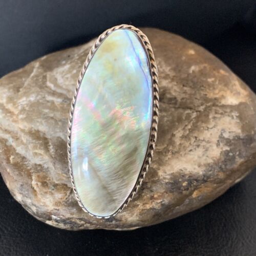 Native American Green Mother of Pearl Inlay Ring | Navajo Sterling Silver | Sz 7 | 12938