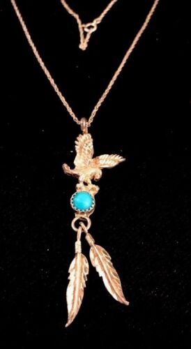 Sterling Silver Navajo Eagle Turquoise Feather Necklace Pendant 2.5" | Southwestern 17.5" | 3257
