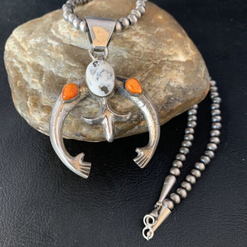 Navajo White Buffalo Turquoise & Spiny Oyster Naja Pendant | Sterling Silver | Authentic Native American Handmade | 13647