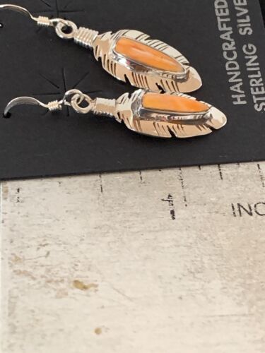 Navajo Orange Spiny Oyster Feather Earrings Set | Sterling Silver | Authentic Native American Handmade | 2741