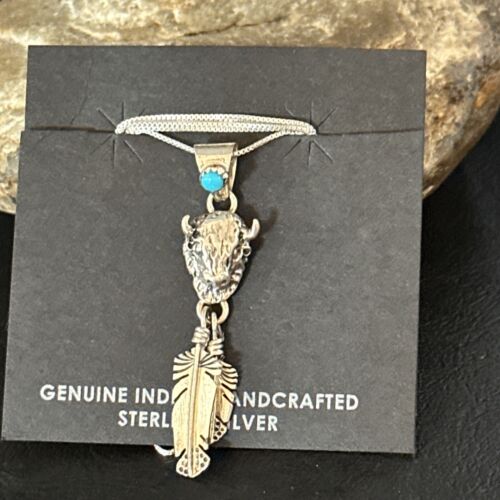 Navajo Buffalo Turquoise Pendant | Sterling Silver | Authentic Native American Handmade | 18" | 14686