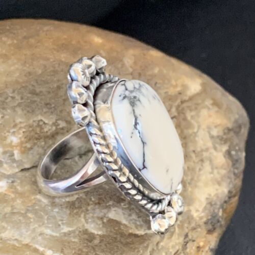 Native American White Buffalo Turquoise Ring | Navajo Sterling Silver | Sz 7.5 | 13353