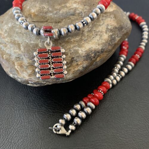 Southwestern Zuni Red Coral Corn Inlay Necklace Pendant | Sterling Silver | 21" | 12588