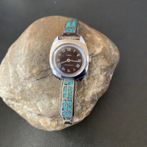 Navajo Sterling Silver Watch Tips | Old Pawn Blue Turquoise Chip Inlay Band | Authentic Native American Jewelry | 1639