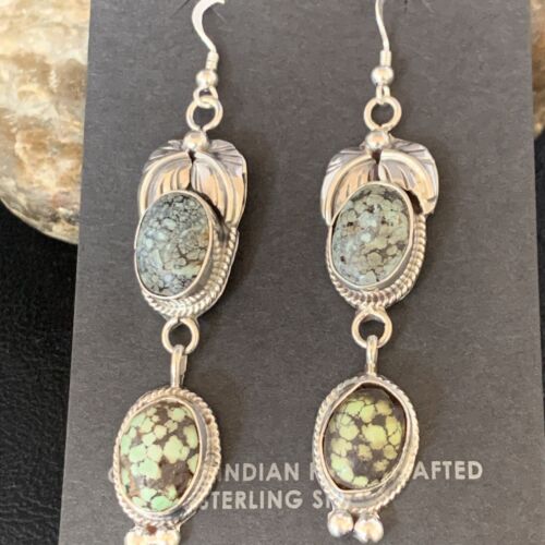 Navajo Green Spiderweb Turquoise Dangle Earrings | Sterling Silver | Authentic Native American Handmade | 13545