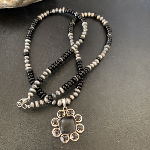 Navajo Pearl Necklace Pendant | Authentic Native American Sterling Silver Black Onyx | Multi-Stone | 22" | 12270