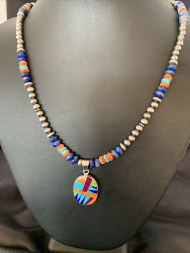 Navajo Multi-Color Spiny Turquoise Inlay Pendant | Sterling Silver | Authentic Native American Handmade | 10658