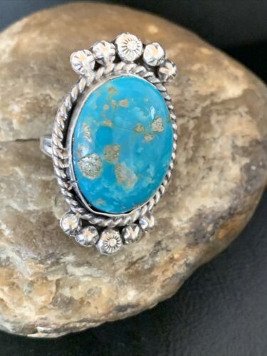 Navajo Blue Kingman Turquoise Ring | Sterling Silver | Sz 7.5 | Authentic Native American Handmade | 13381