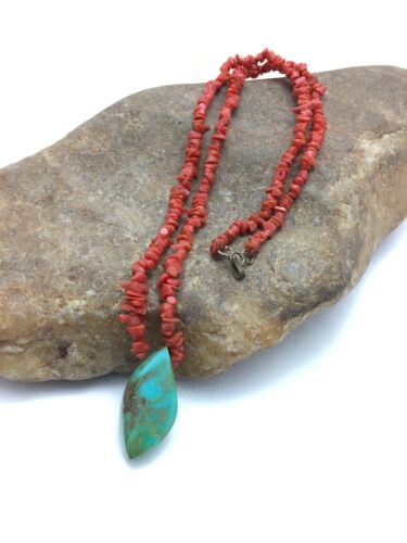 Native American Turquoise Coral Pendant Necklace | Brass Old Pawn | 19" | 4005