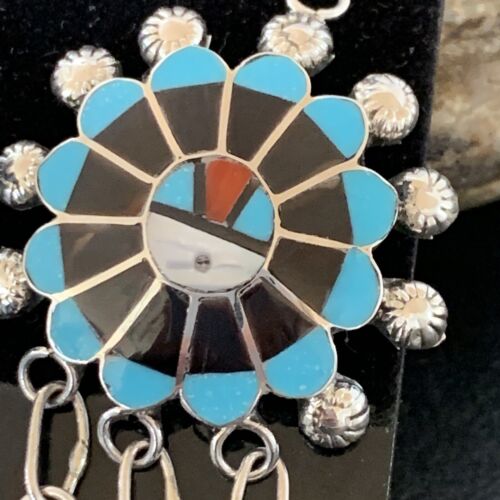 Zuni Sun Face Dangle Earrings | Kingman Turquoise & Black Onyx | Sterling Silver | 12127