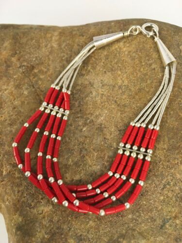Navajo Red Stabilized Coral Heishi Sterling Silver Bracelet | 5-Strand | 7" | 13603