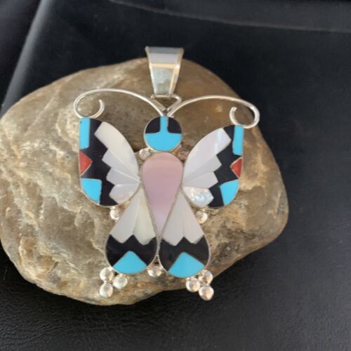 Zuni Butterfly Pendant Necklace | Turquoise Mother of Pearl Onyx Inlay | Sterling Silver | 13684