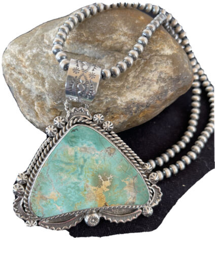 Navajo Royston Turquoise Pendant Necklace | Sterling Silver | Authentic Native American Handmade | 1368