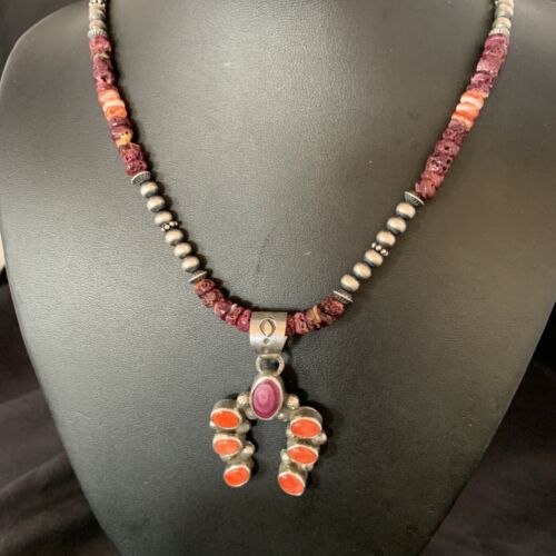 Navajo Purple Spiny Oyster Cluster Necklace | Sterling Silver Naja Pendant | Authentic Native American Handmade | 13154