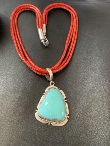 Navajo Red Coral Turquoise Bead Necklace Pendant | Sterling Silver | Multi-Strand | 1953
