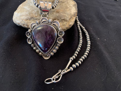 Men's Navajo Pearls Necklace with Purple Sugilite Pendant | Sterling Silver | Authentic Native American Handmade | 00541