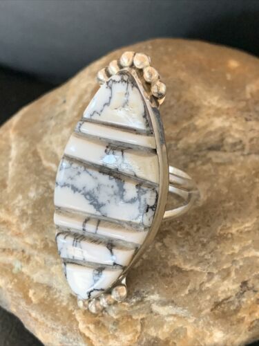 Navajo White Buffalo Turquoise Inlay Ring | Sterling Silver | Sz 9 | Authentic Native American Handmade | 12173