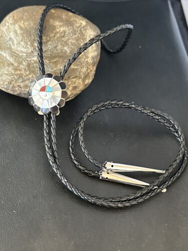 Men's Bolo Tie | Zuni Sunface Mother of Pearl Coral Turquoise Inlay | Sterling Silver | 14754