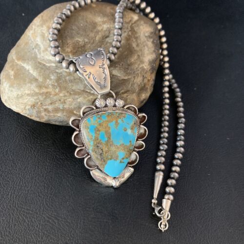 Men's Kingman Blue Turquoise Necklace | Sterling Silver | 3" Pendant | Authentic Native American Handmade | 13995
