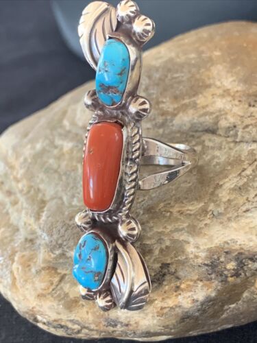 Navajo Kingman Turquoise & Coral Ring | Authentic Native American Sterling Silver | Multi-Stone | Sz 9 | 1294