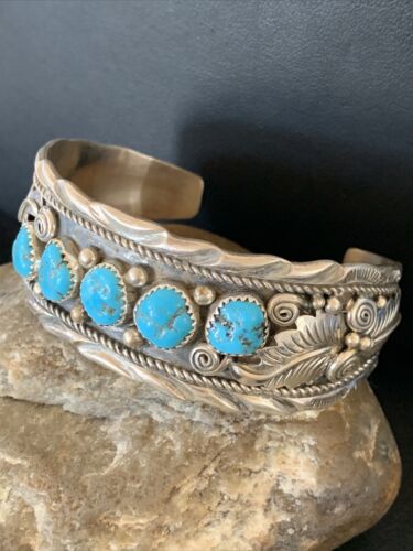 Navajo Sterling Silver Blue Kingman Turquoise Cuff Bracelet | 5 Stone | Authentic Native American Handmade | 12161