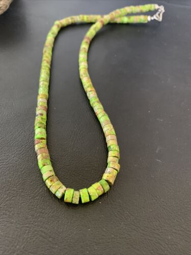 Navajo Green Gaspeite Heishi Necklace | 7mm | Sterling Silver | Authentic Native American Handmade | 20" | 01762
