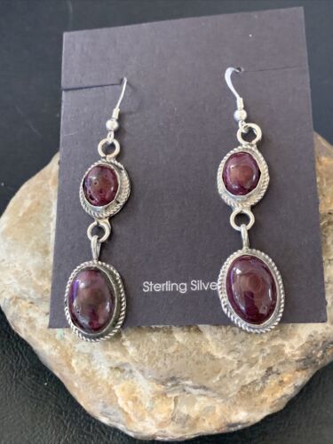 Navajo Purple Spiny Oyster Dangle Earrings | Sterling Silver | Authentic Native American Handmade | 12508