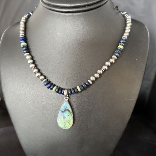 Navajo Green Turquoise Lapis Necklace with Opal Pendant | Sterling Silver | Authentic Native American Handmade | 14370