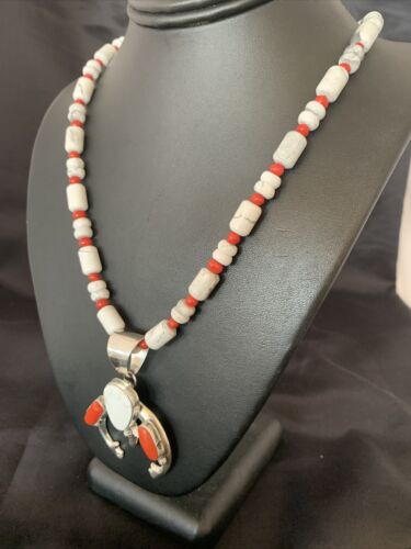 Navajo White Buffalo Turquoise Coral Naja Pendant | Sterling Silver | Authentic Native American Handmade | 10516