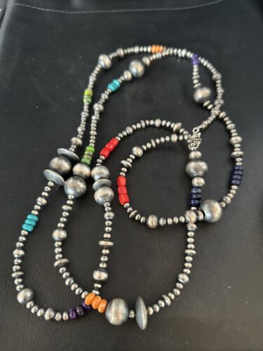 4mm - 16mm Mixed Gauge Sterling Silver Navajo Pearls | Multi-Color Bead | Authentic Native American Handmade Necklace | Length 18"-96"