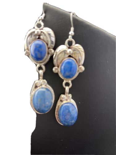 Native American Navajo Denim Lapis Dangle Earrings | Sterling Silver | 2" | 01792