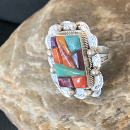 Navajo Sterling Silver Red Spiny Oyster Corn Inlay Ring | Sz 8.5 | Multi-Color | 13719