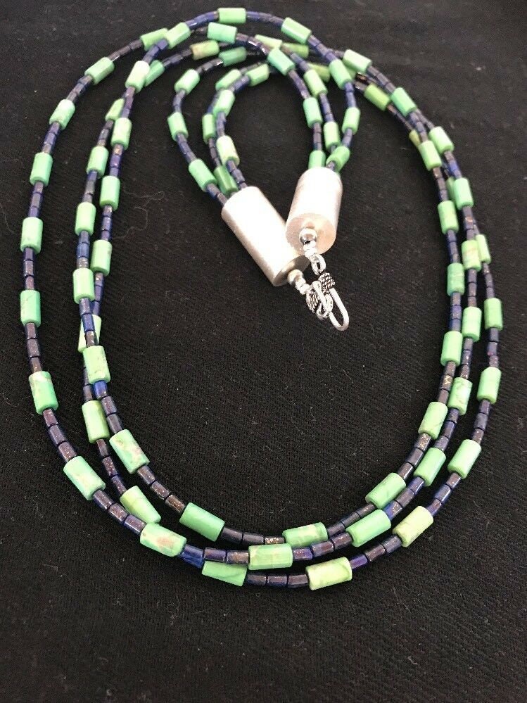 Navajo Tube Beads Lapis Turquoise Necklace | Sterling Silver | Authentic Native American Handmade | 3260
